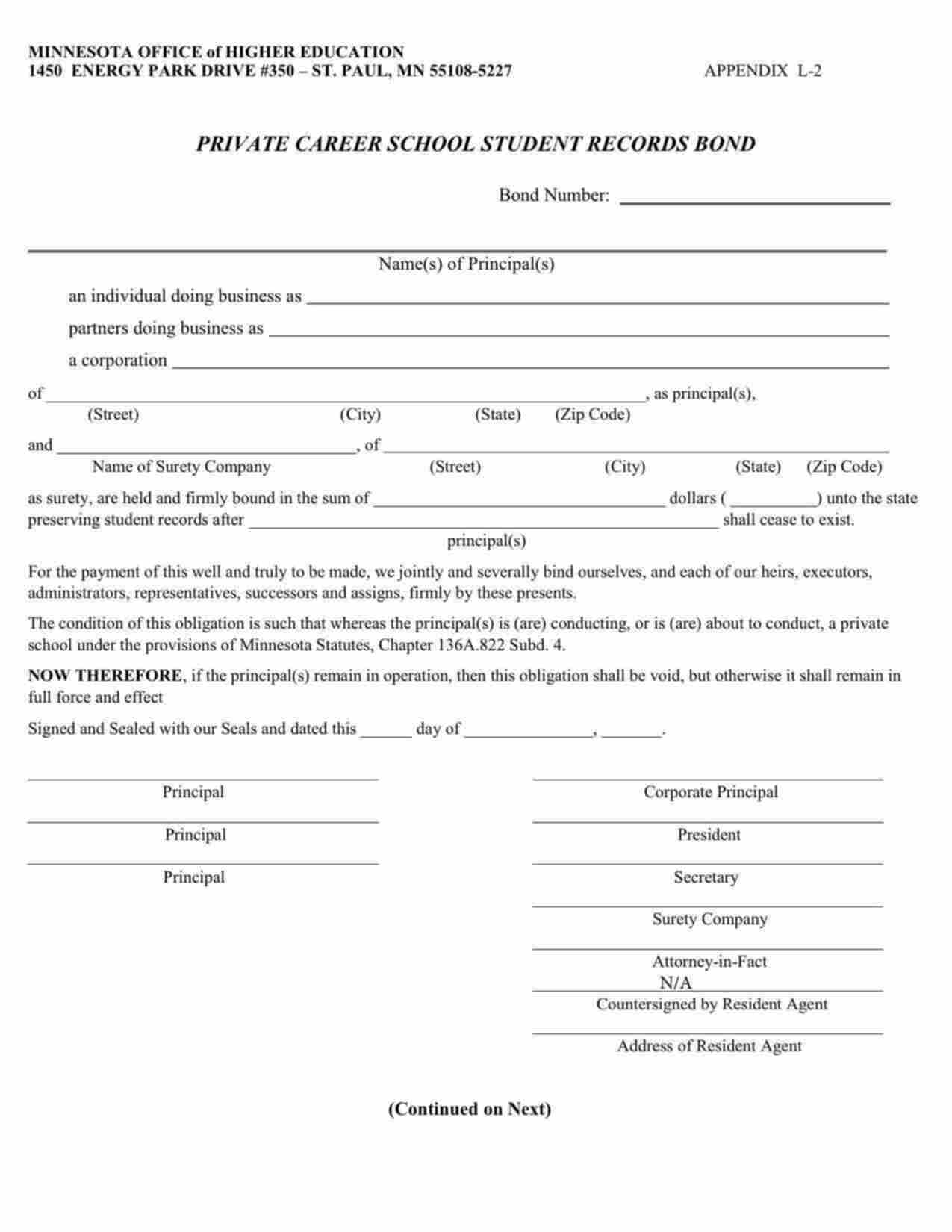 Minnesota Private Career School Student Records - Individual Bond Form