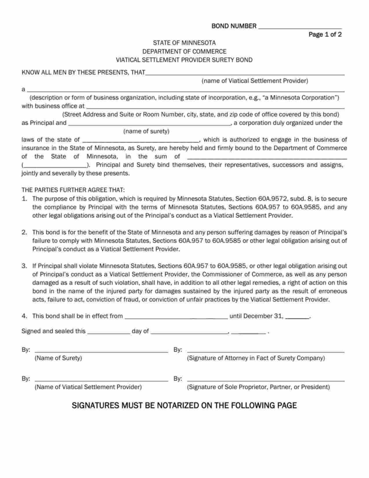 Minnesota Viatical Settlement Provider Bond Form