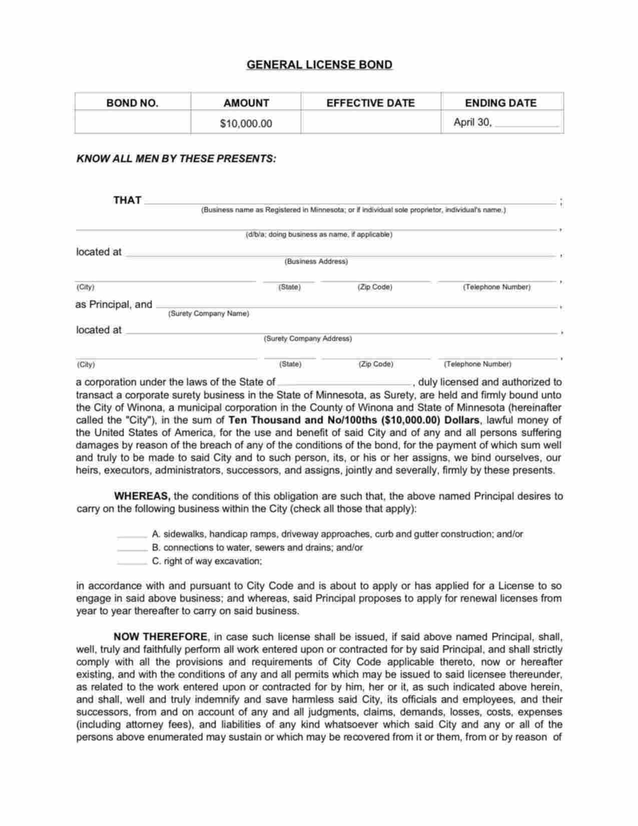 Minnesota General License: Sewer Connections Bond Form