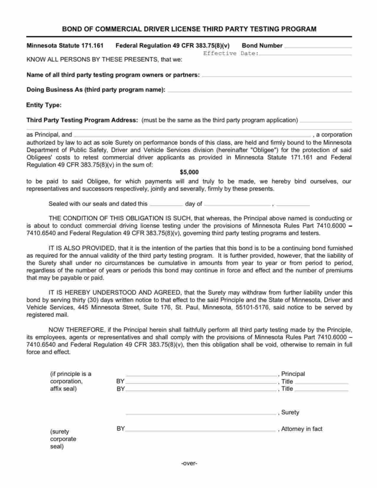 Minnesota Commercial Driver License (CDL) Third Party Tester Bond Form