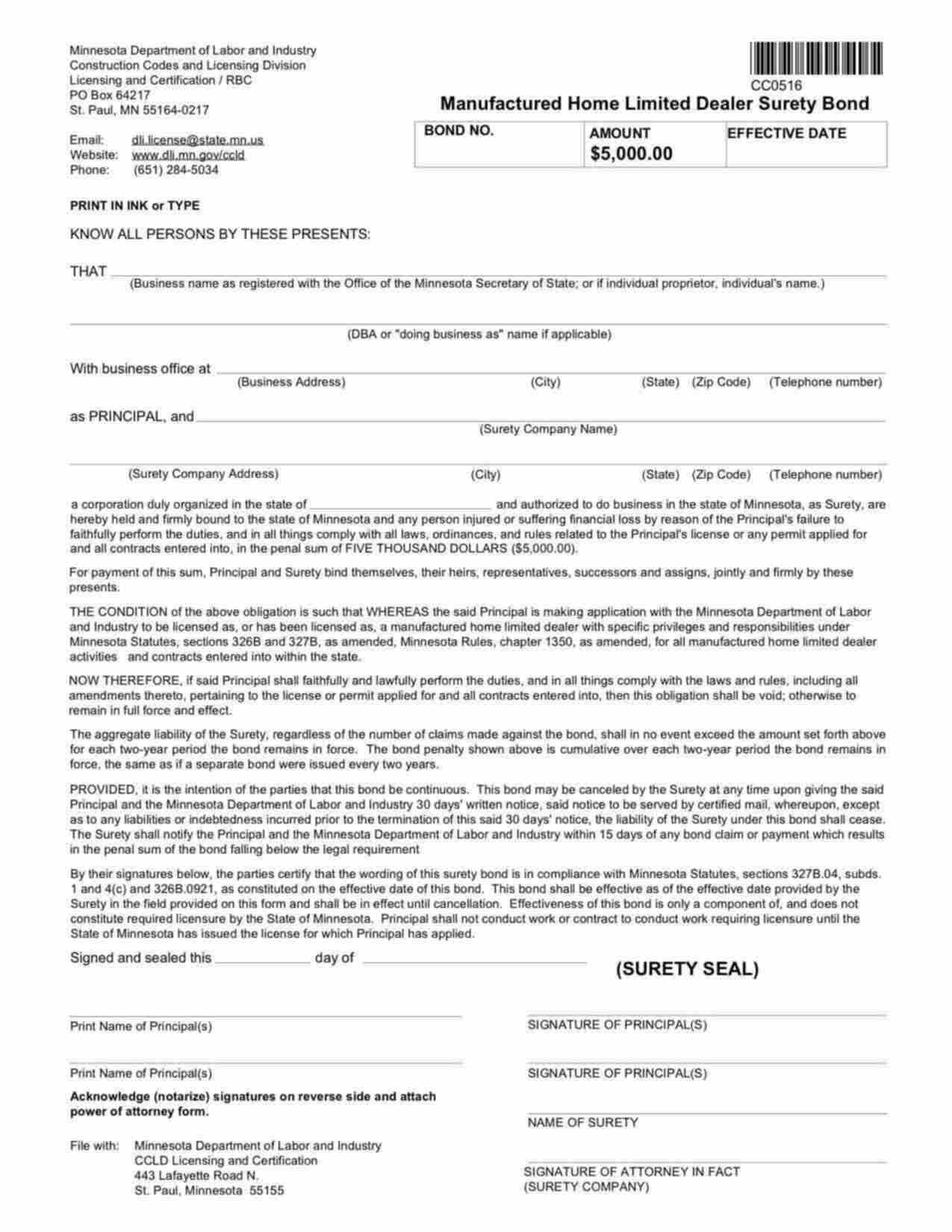 Minnesota Manufactured Home Limited Dealer Bond Form