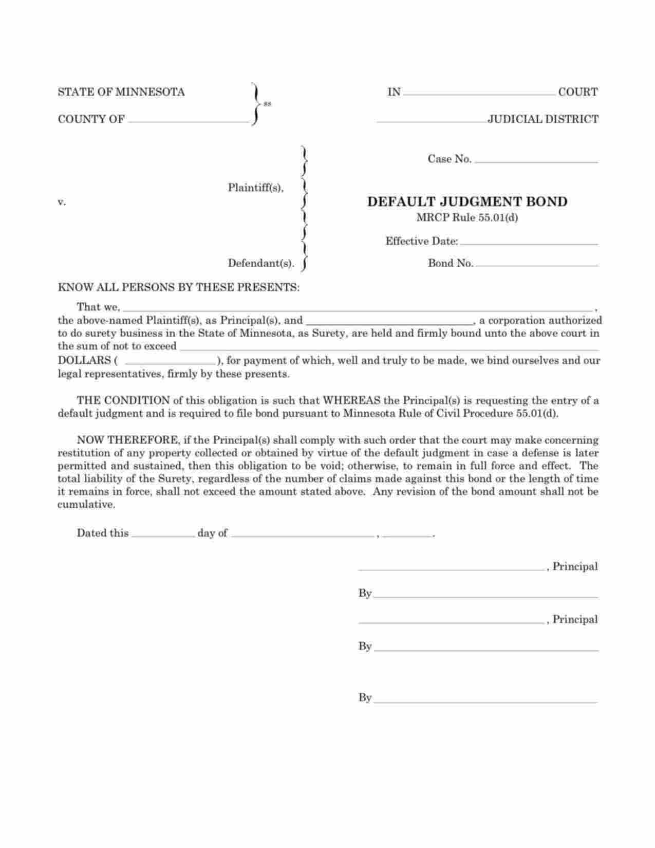 Minnesota Default Judgment Bond Form