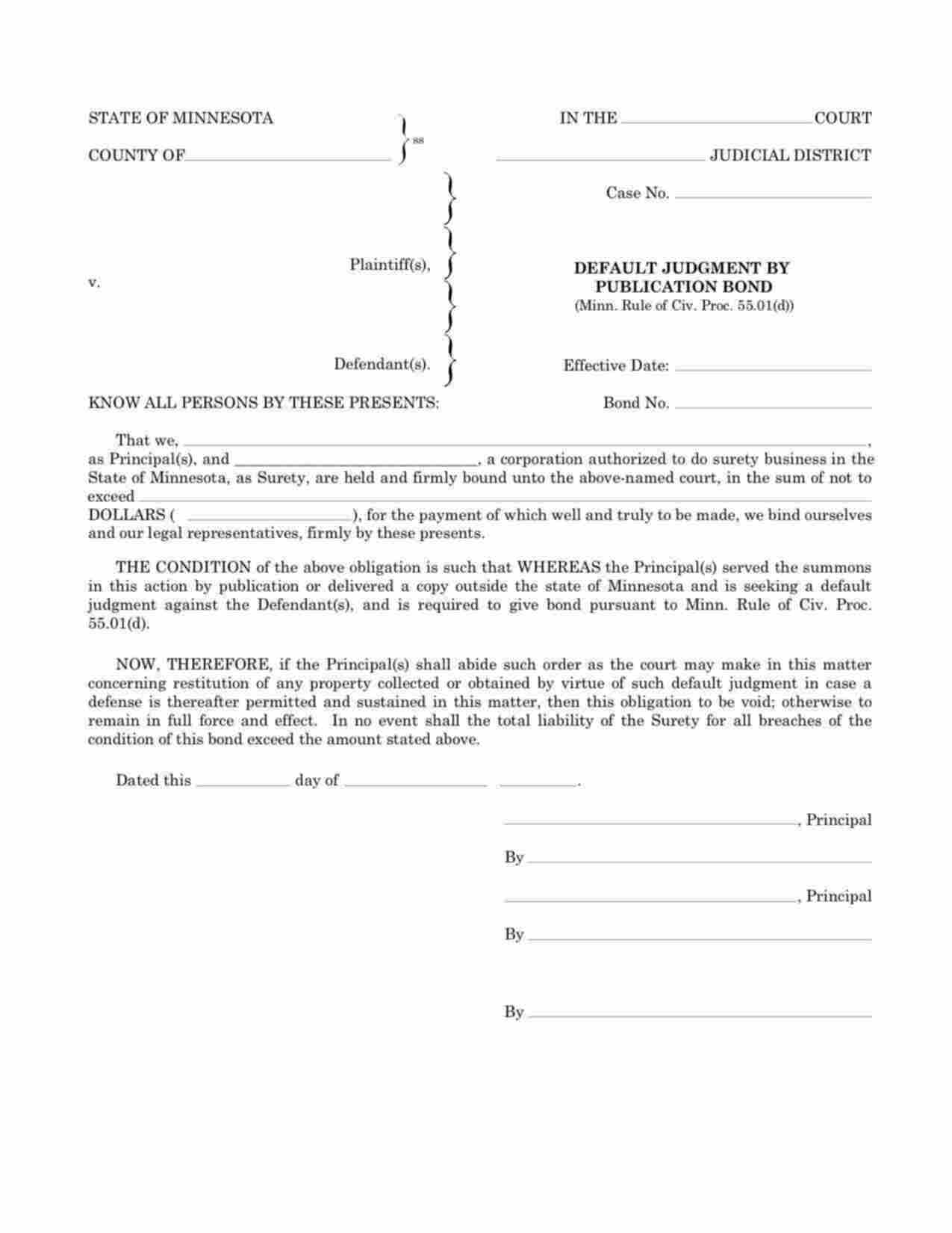 Minnesota Default Judgment by Publication Bond Form