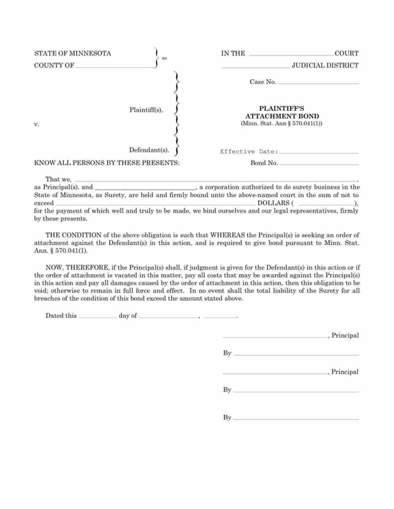 Minnesota Plaintiffs Attachment Bond Form