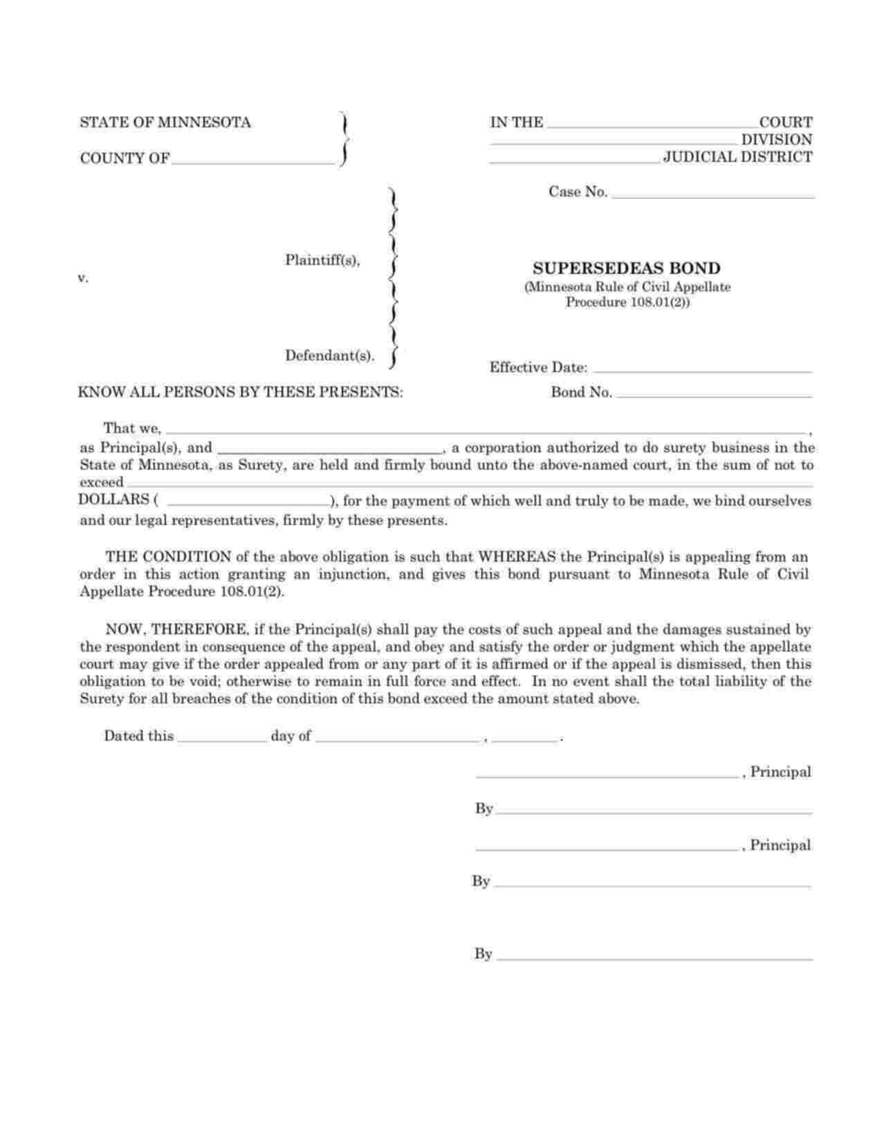Minnesota Supersedeas - Injunction Bond Form