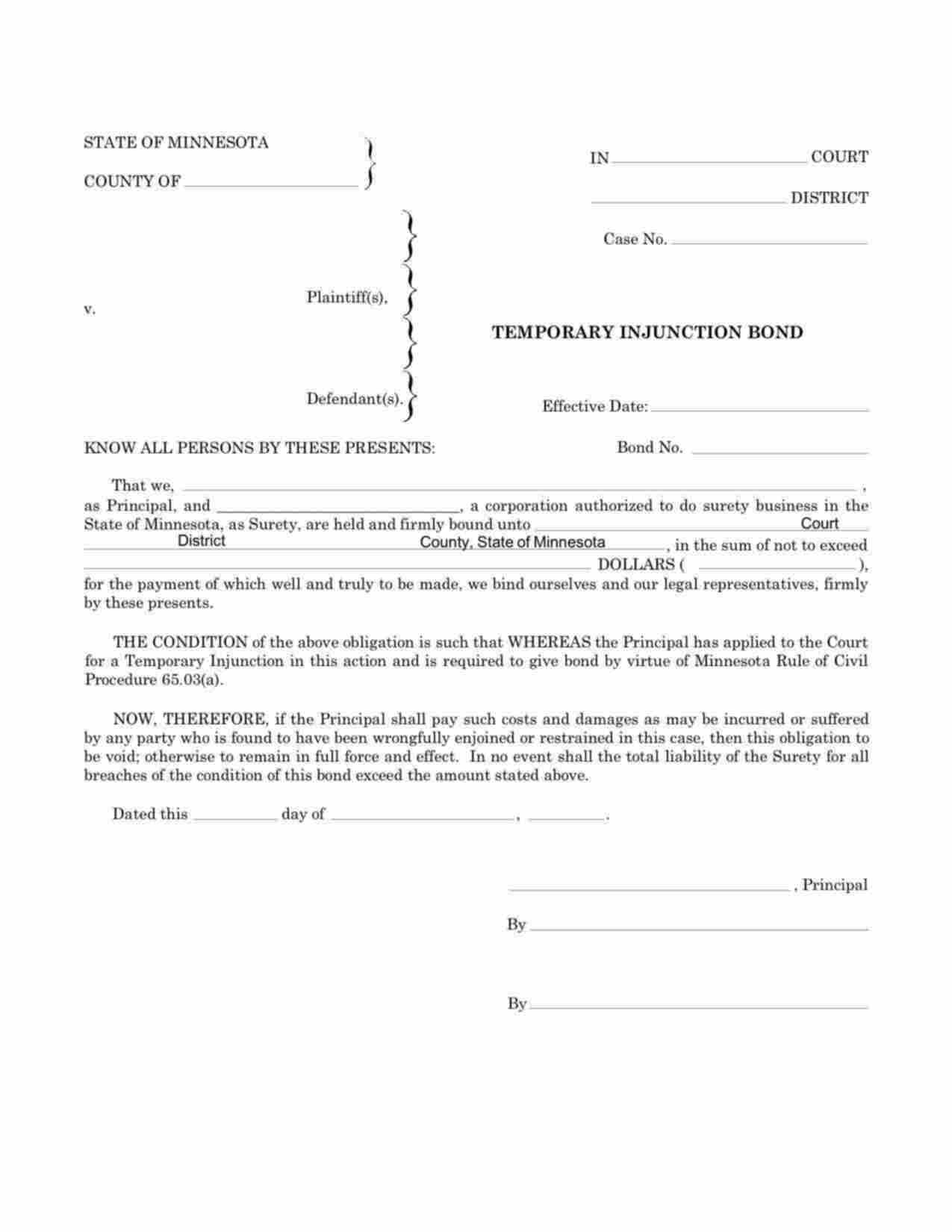 Minnesota Temporary Injunction Bond Form