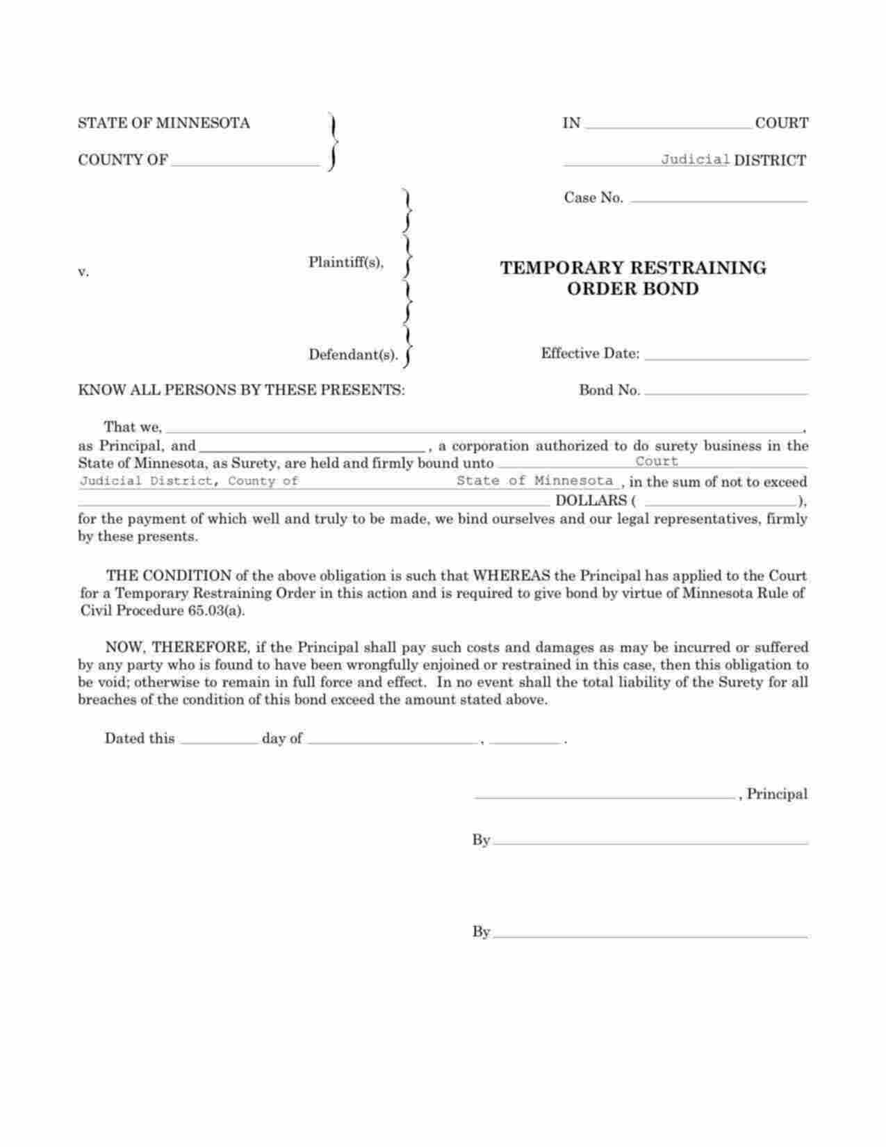Minnesota Temporary Restraining Order Bond Form