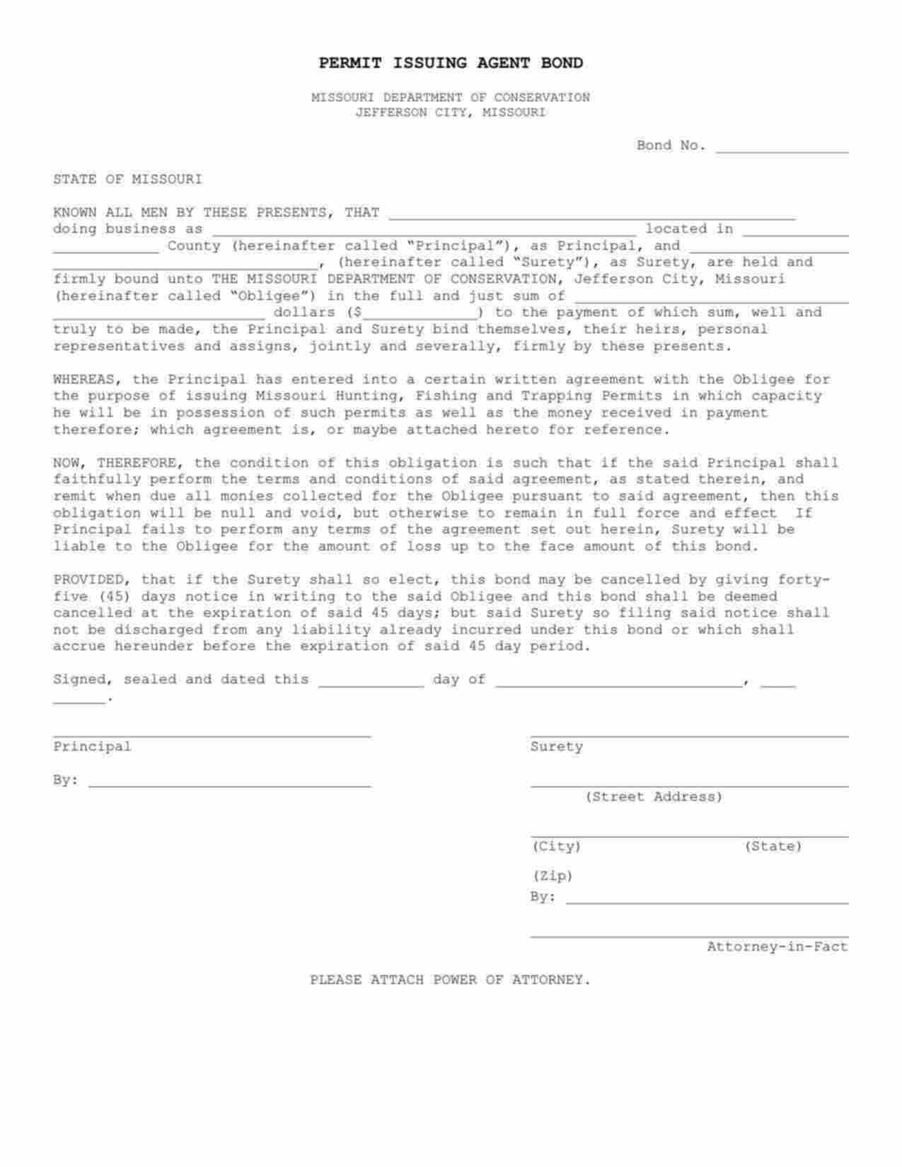 Missouri Hunting, Fishing and Trapping Permit Issuing Agent Bond Form