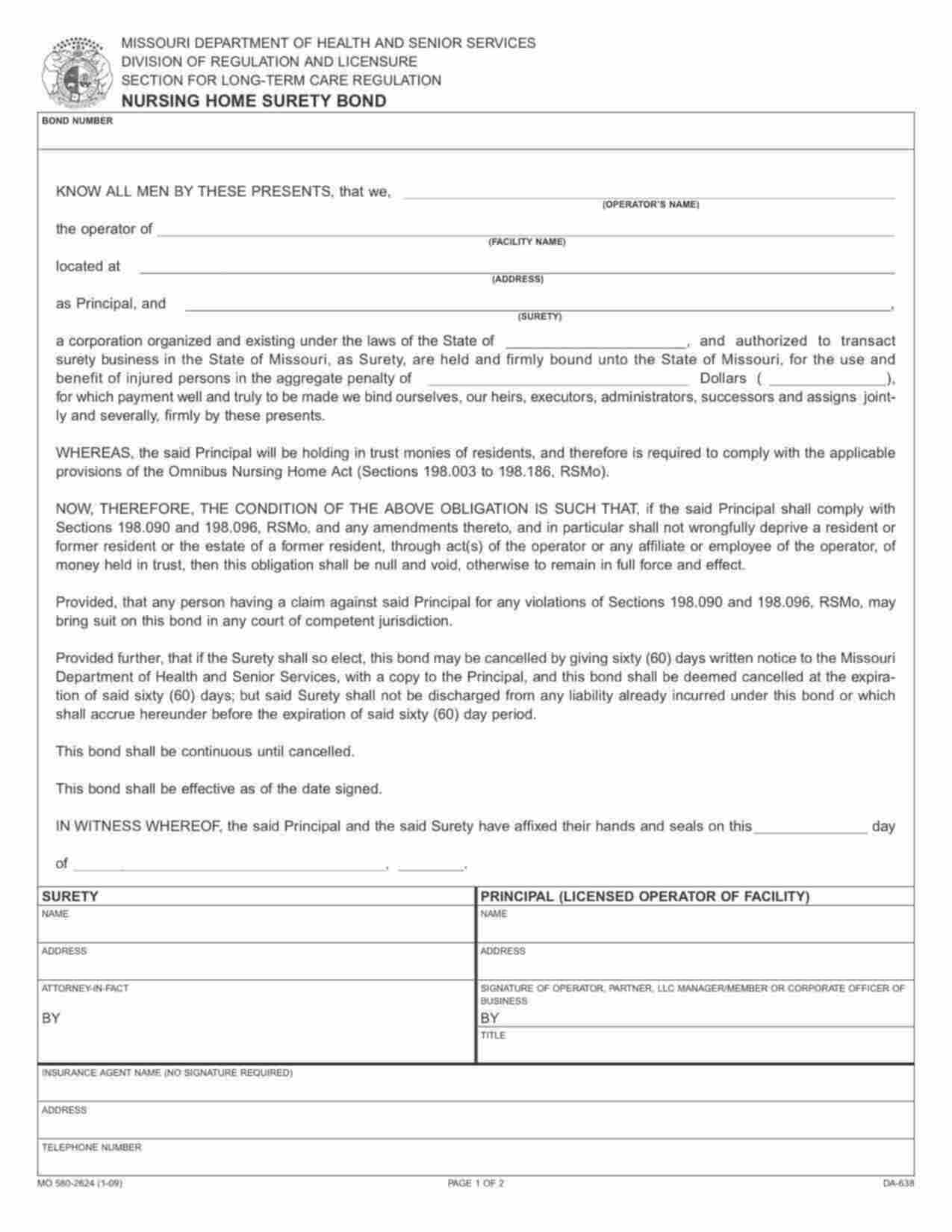 Missouri Nursing Home Bond Form