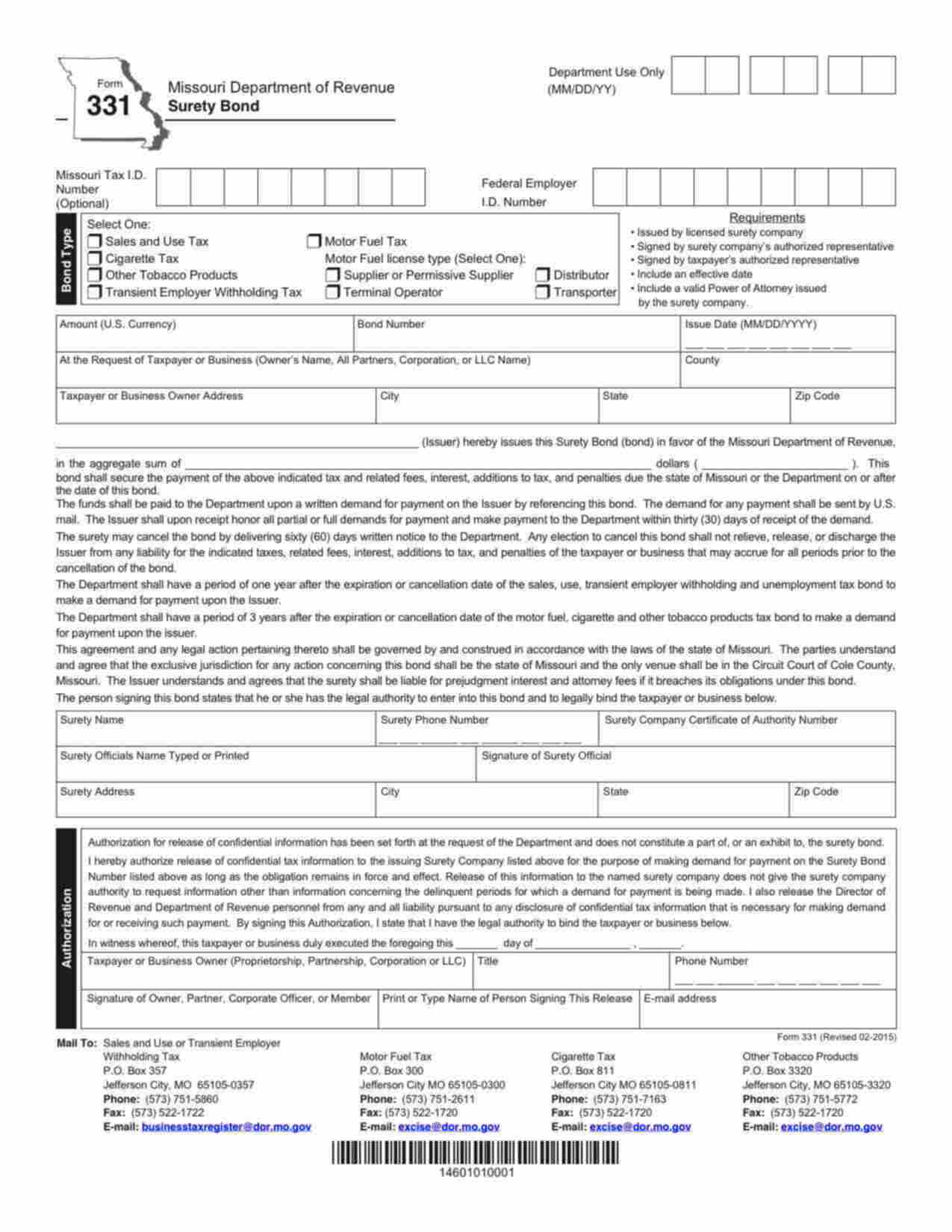 Missouri Transient Employer Withholding Tax Bond Form