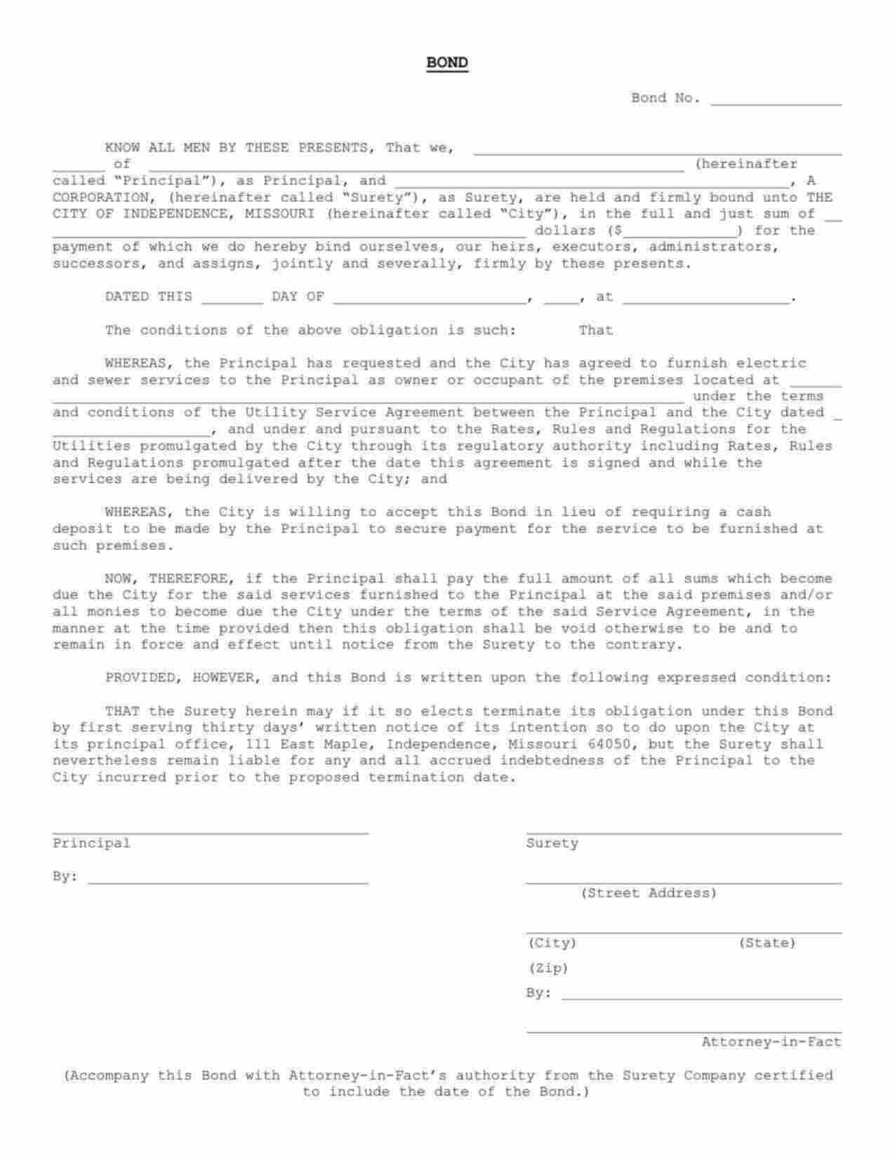 Missouri Utility Deposit Bond Form