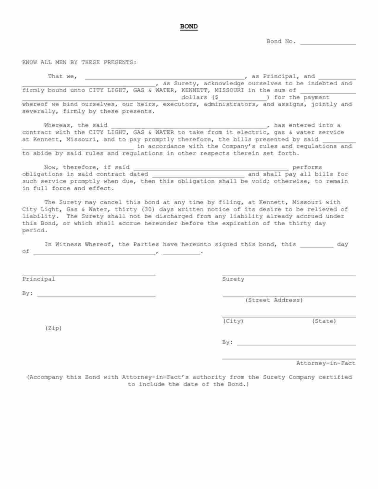 Missouri Utility Deposit Bond Form