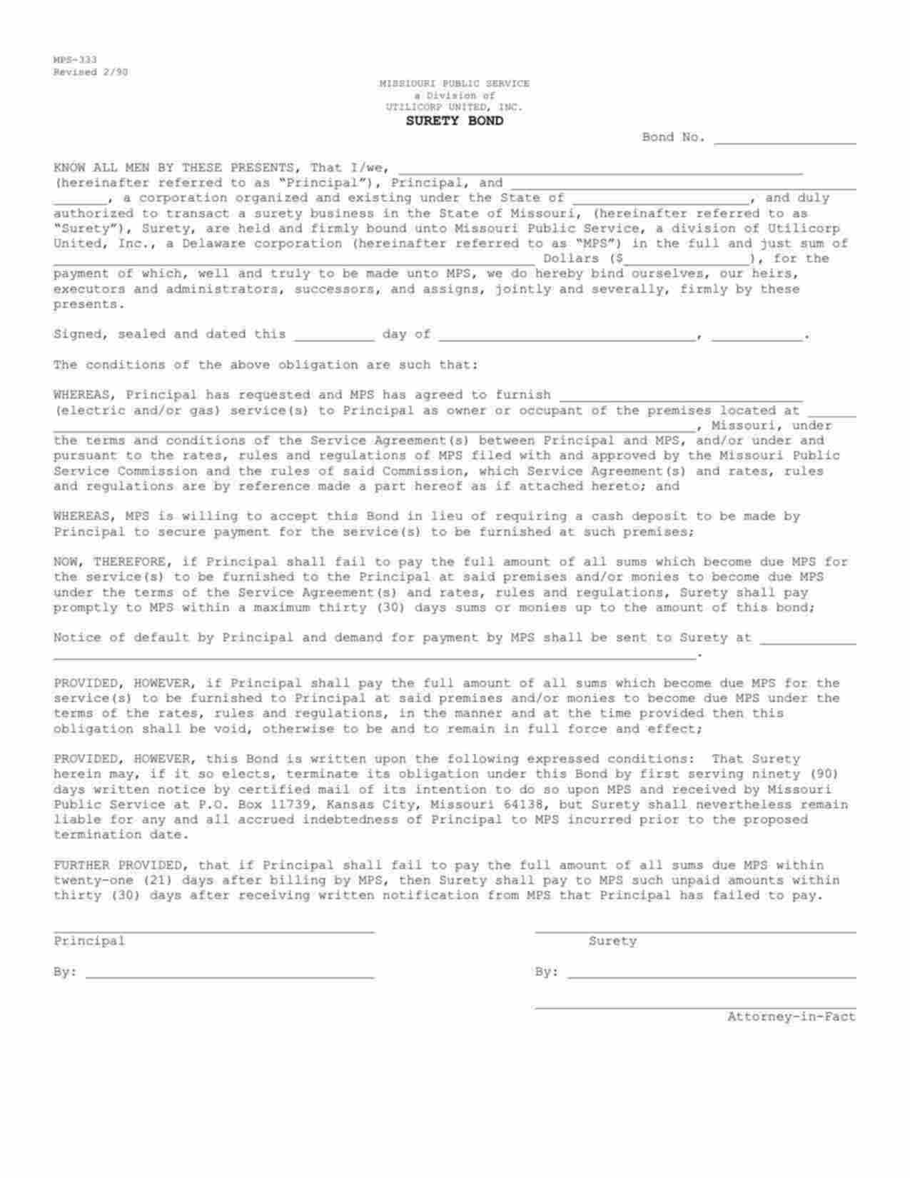 Missouri Utility Deposit - Electric Service Bond Form