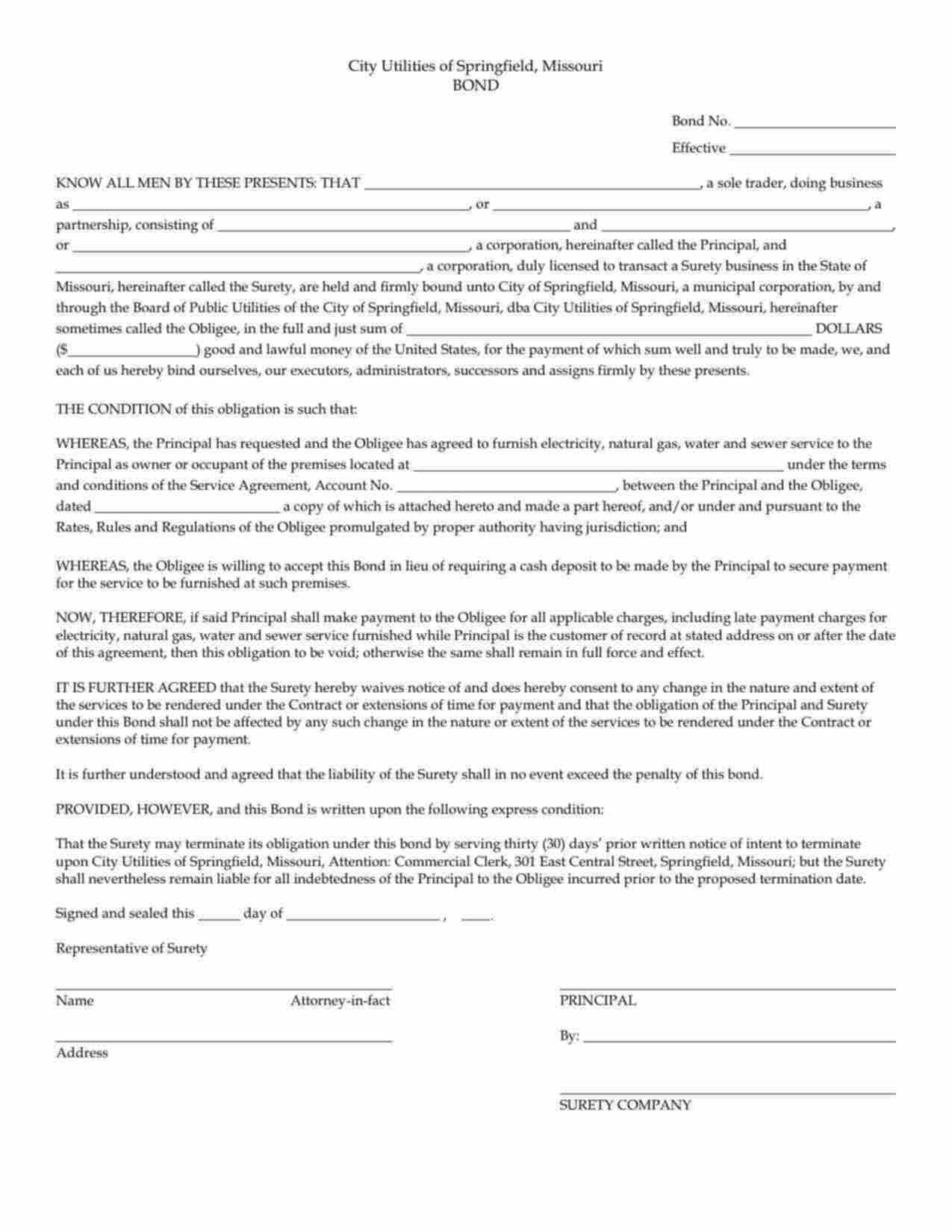 Missouri Utility Deposit Bond Form