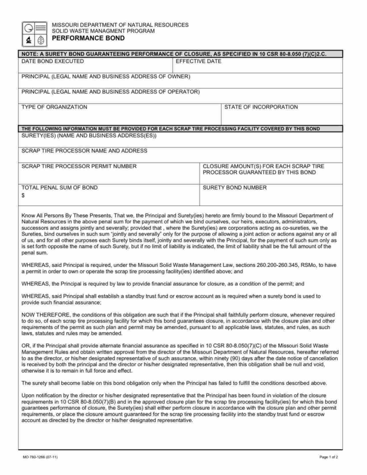 Missouri Scrap Tire Processing Facility Performance Bond Form