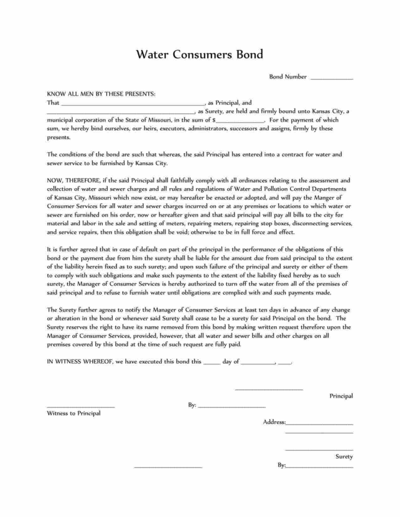 Missouri Water Consumers Bond Form