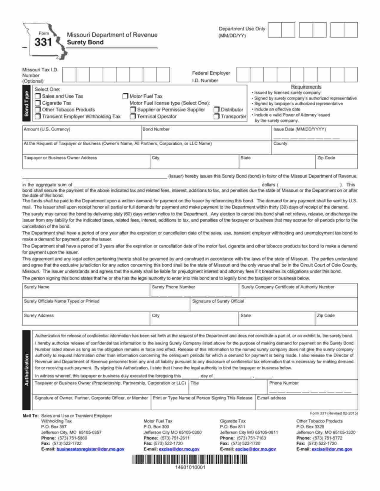 Missouri Motor Fuel Tax - Supplier/Permissive Supplier Bond Form
