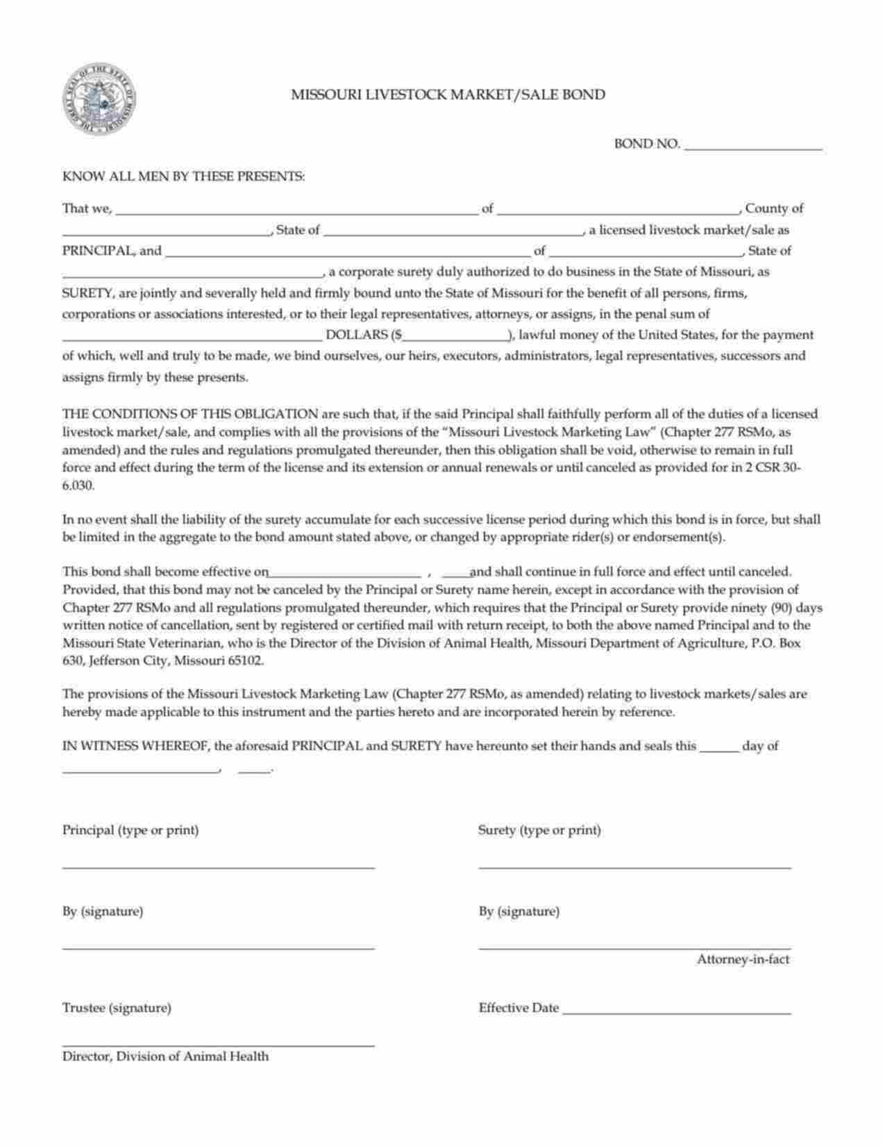 Missouri Livestock Market / Sale Bond Form