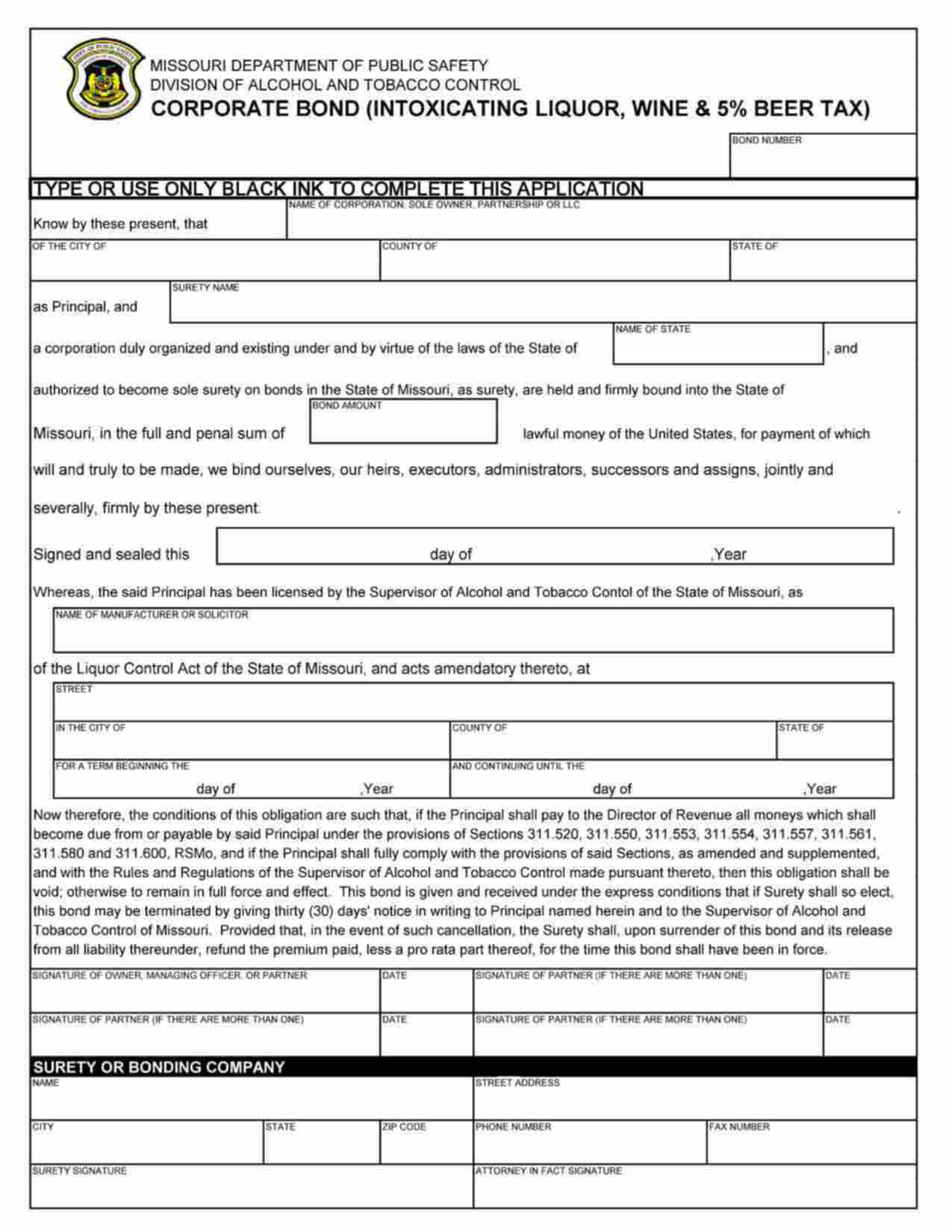 Missouri Intoxicating Liquor, Wine & 5% Beer Tax Bond Form