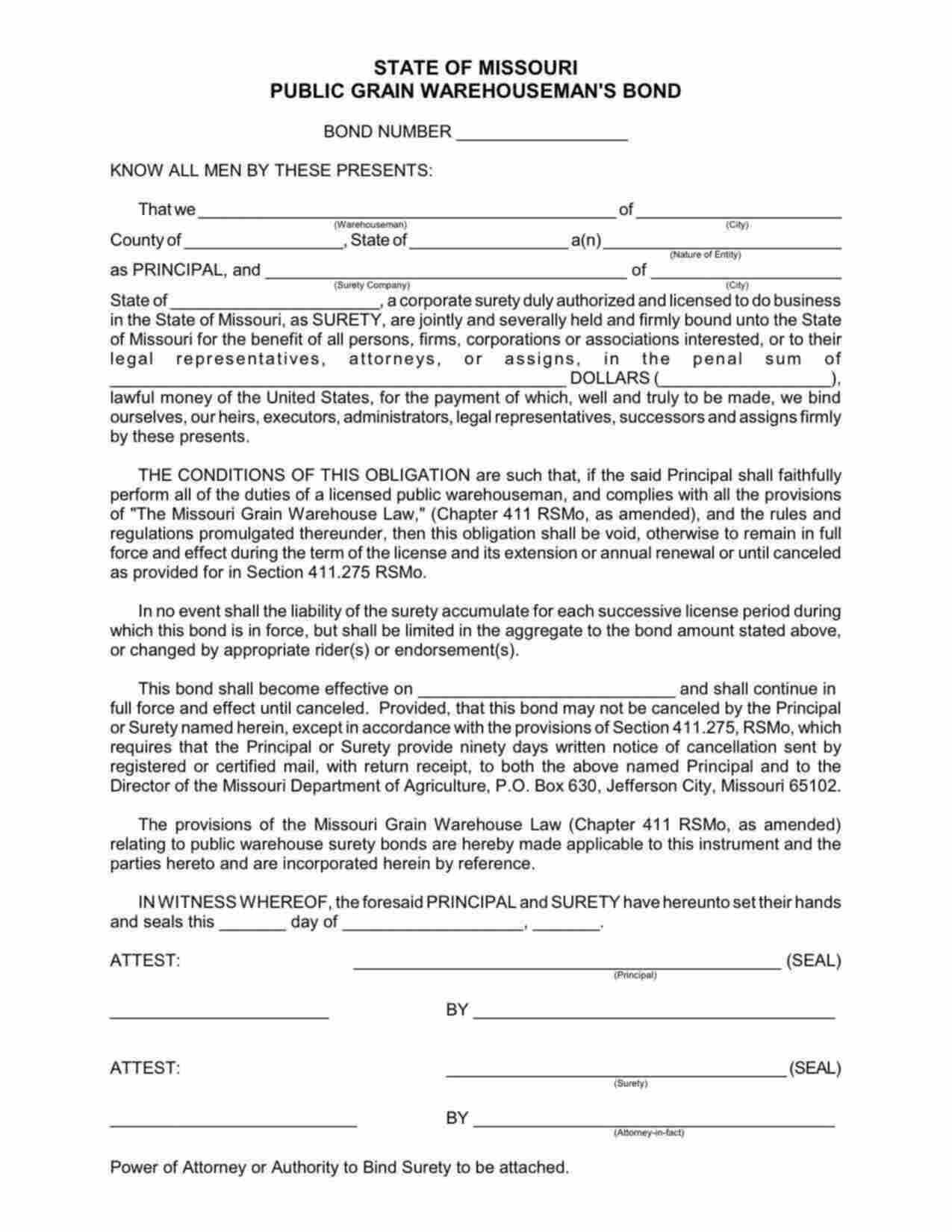 Missouri Public Grain Warehouseman Bond Form