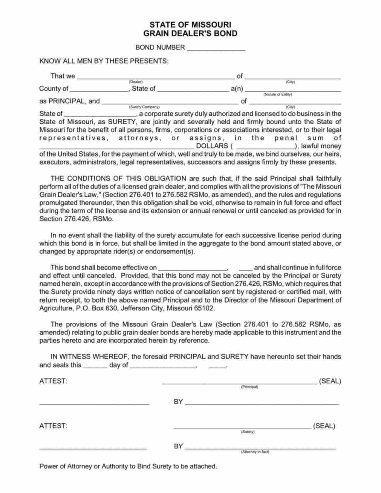 Missouri Grain Dealer Bond Form