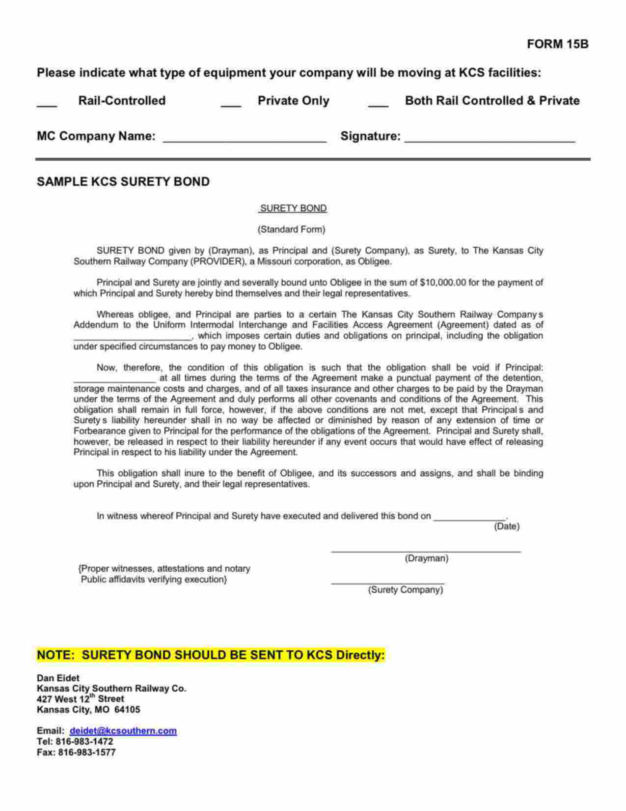 Missouri Intermodal Interchange and Facilities Access Agreement Bond Form