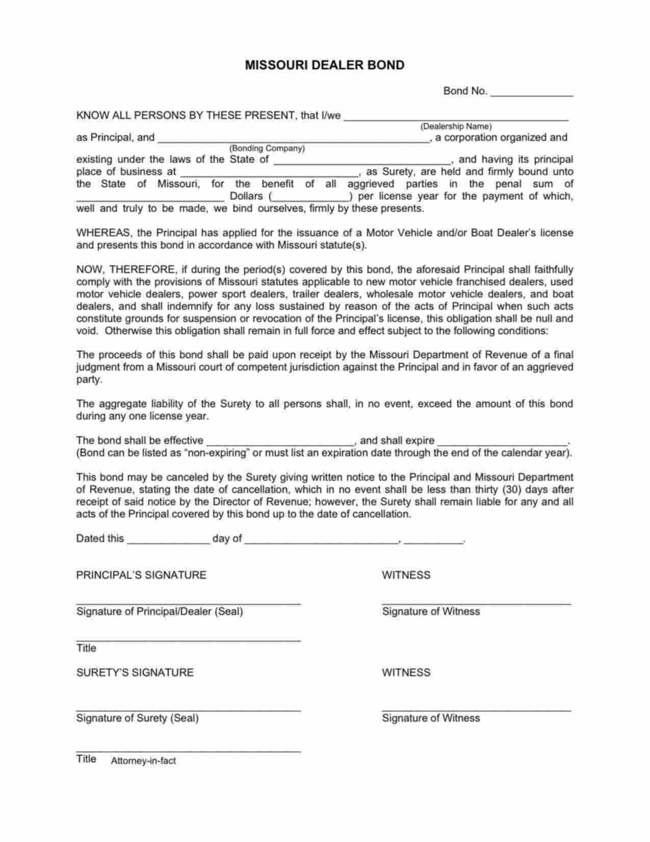 Missouri Motor Vehicle and/or Boat Dealer's License Bond Form