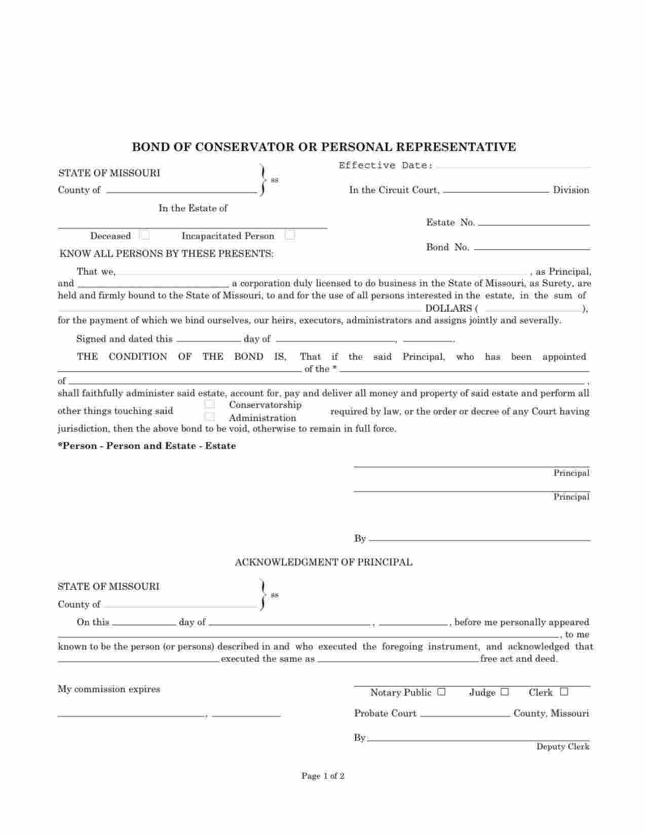 Missouri Probate Administrator, Executor, Conservator, or Guardian Bond Form