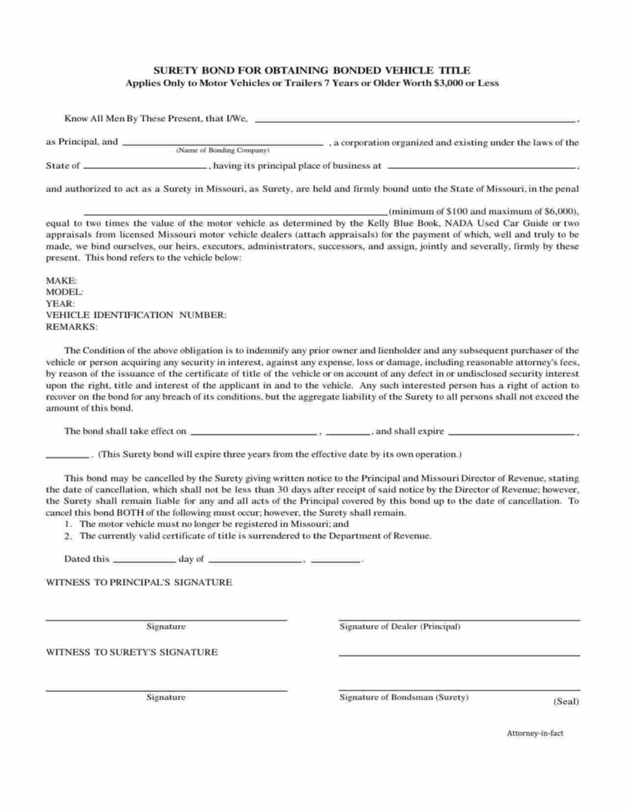 Missouri Motor Vehicle Certificate of Title Bond Form