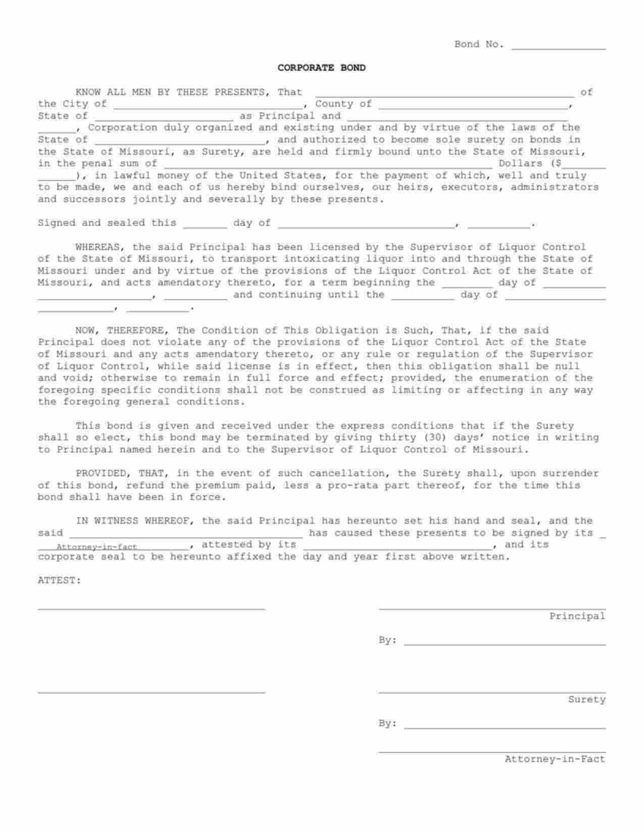 Missouri Liquor Transporter Bond Form