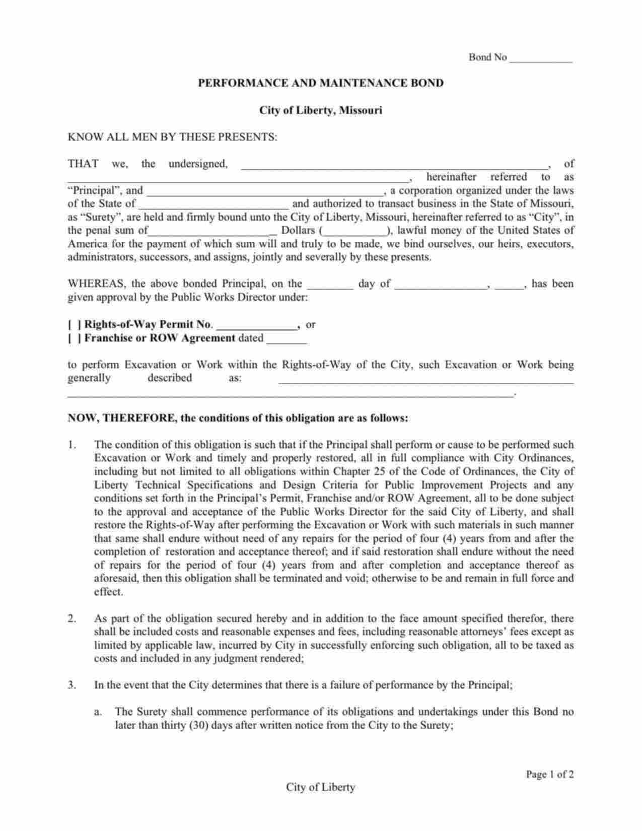 Missouri Right-of-Way Permit Performance and Maintenance Bond Form