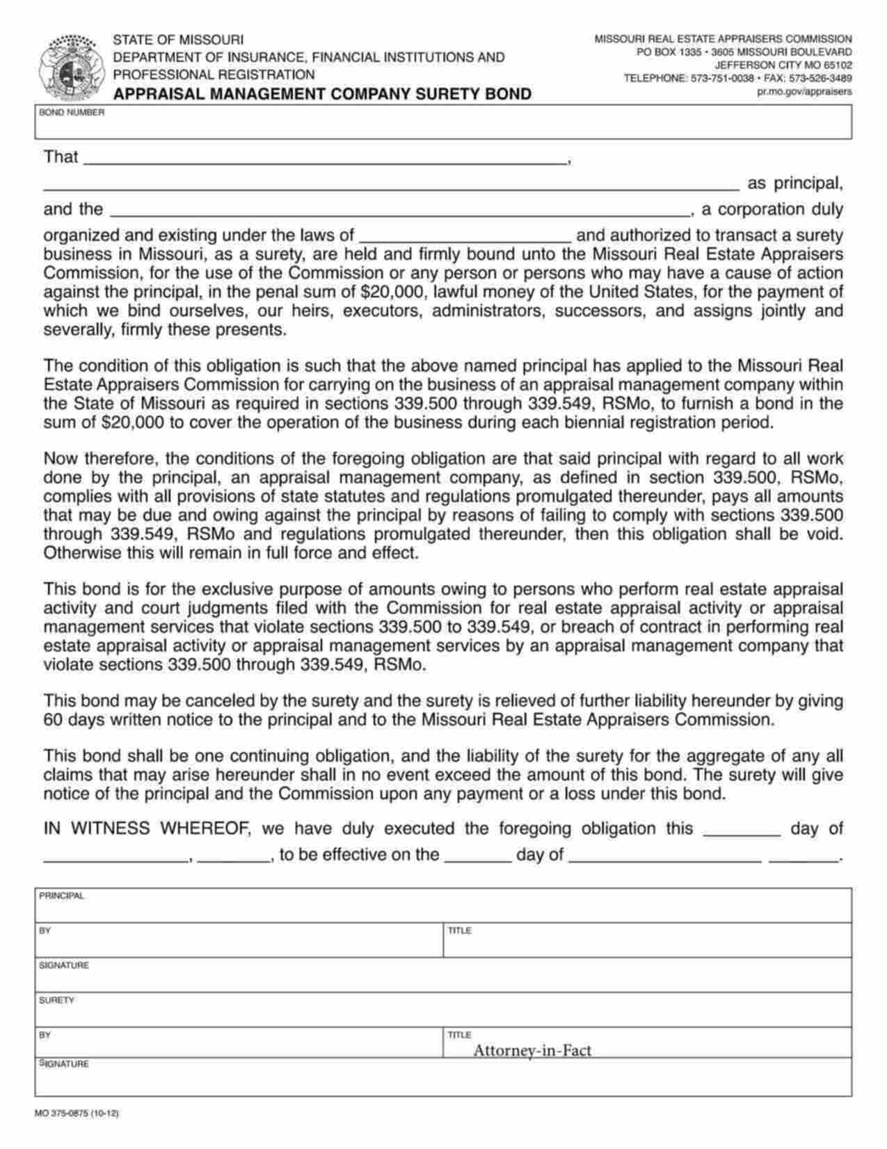 Missouri Appraisal Management Company Bond Form