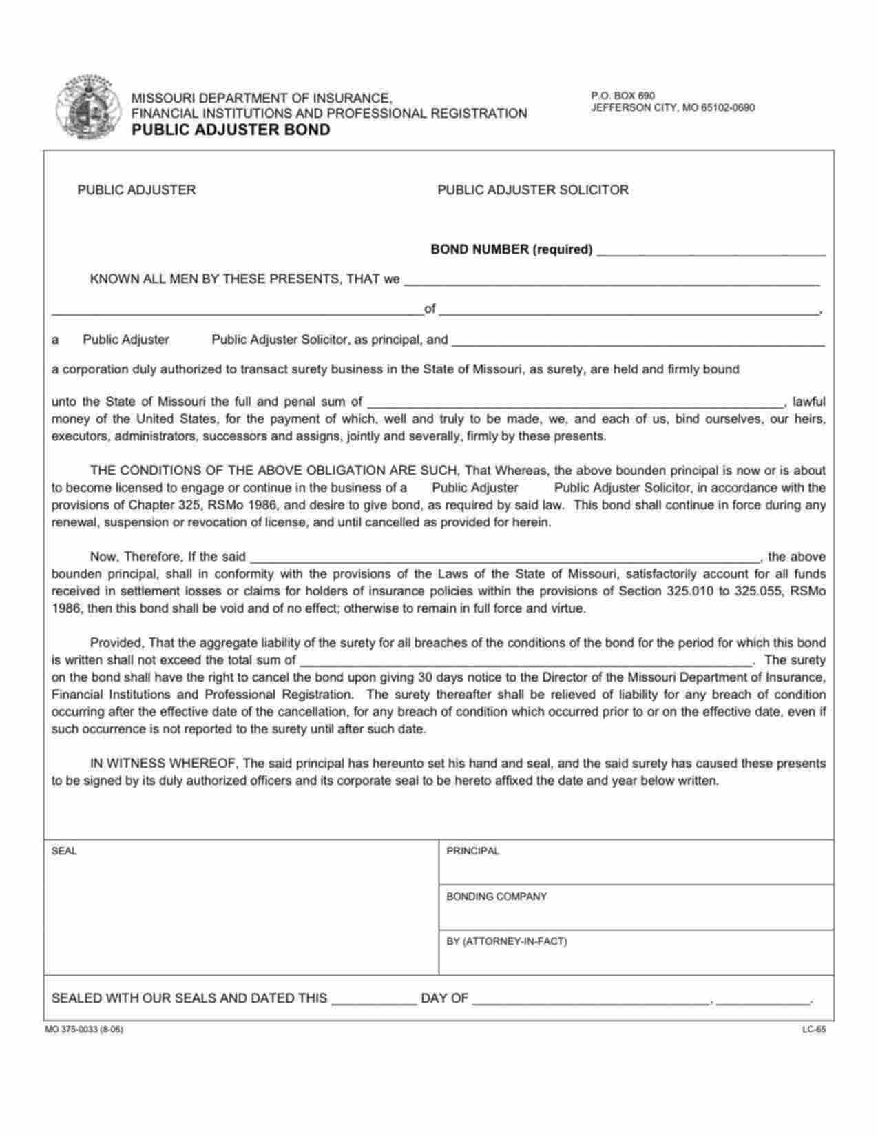 Missouri Public Adjuster Solicitor Bond Form