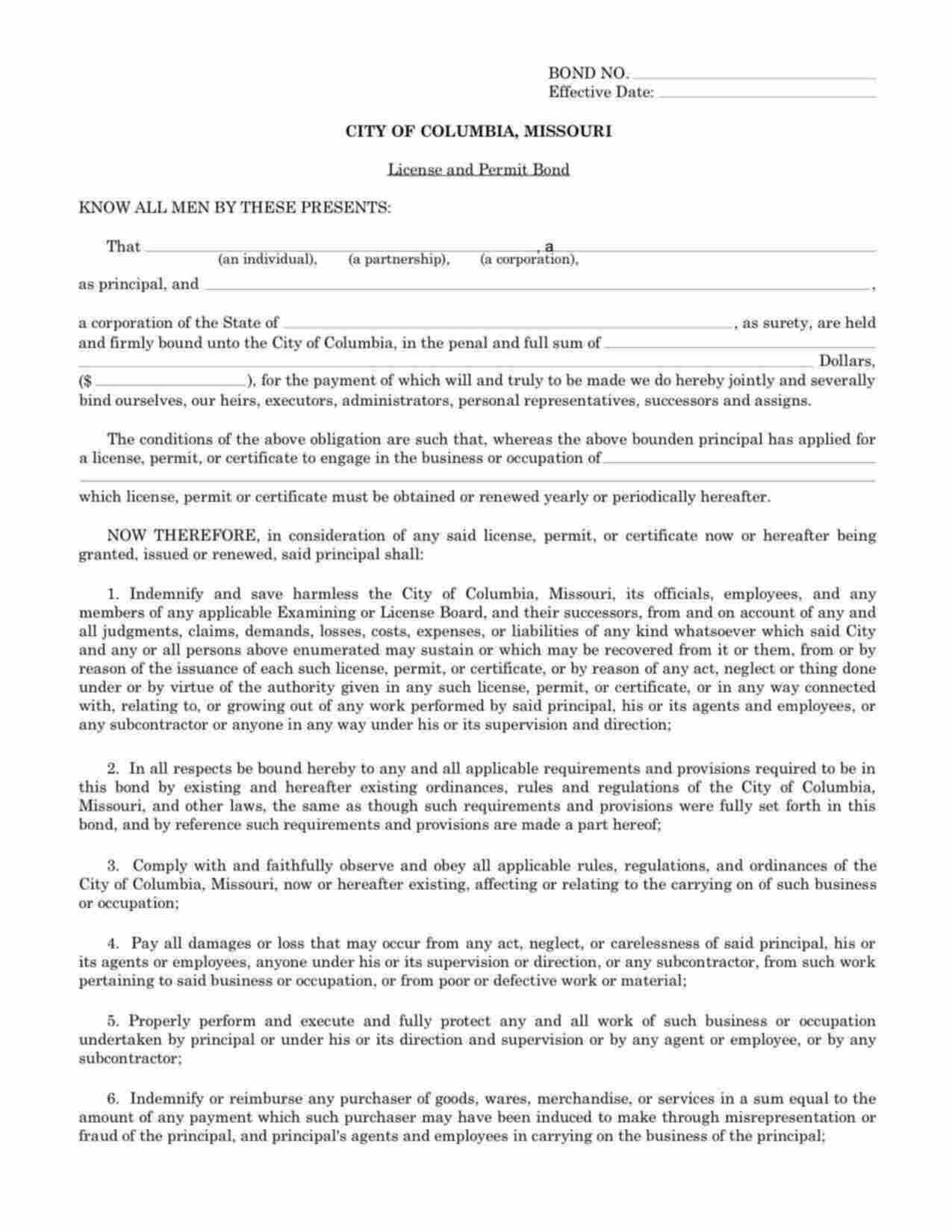 Missouri License and Permit Bond Form