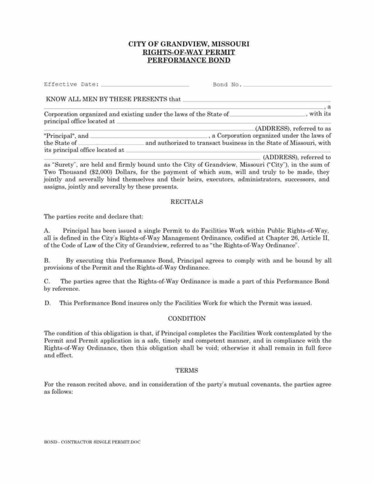 Missouri Right-of-Way Permit Performance Bond Form