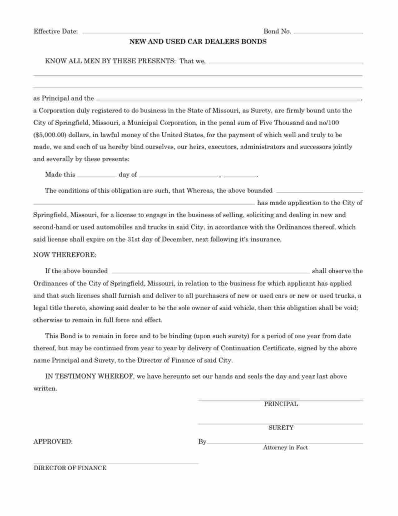 Missouri New and Used Car Dealers Bond Form