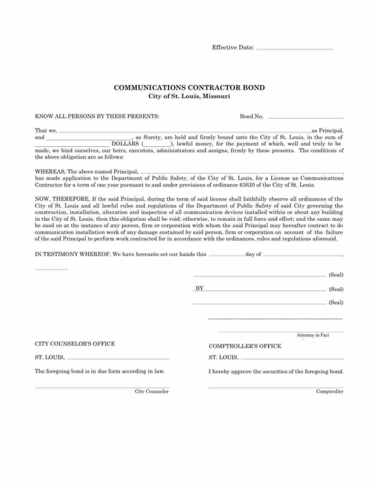Missouri Communications Contractor Bond Form