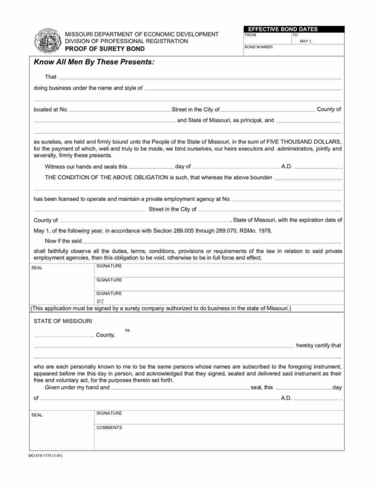 Missouri Employment Agency Bond Form