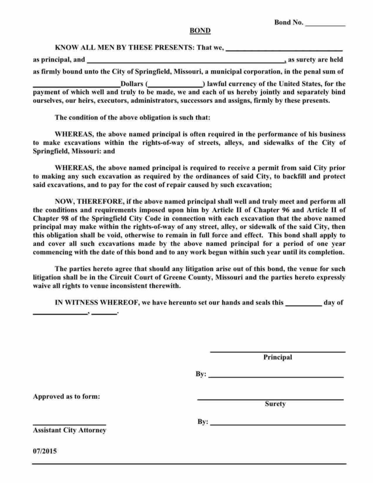 Missouri Excavation within the Rights-of-Way Bond Form