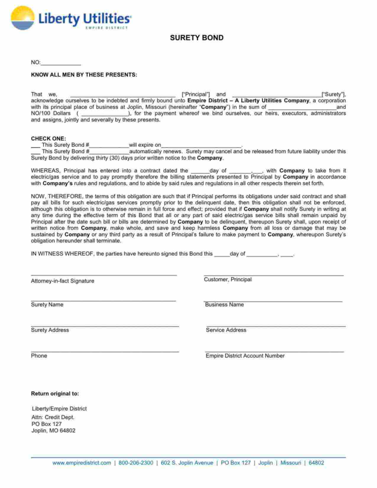 Missouri Utility Deposit Bond Form