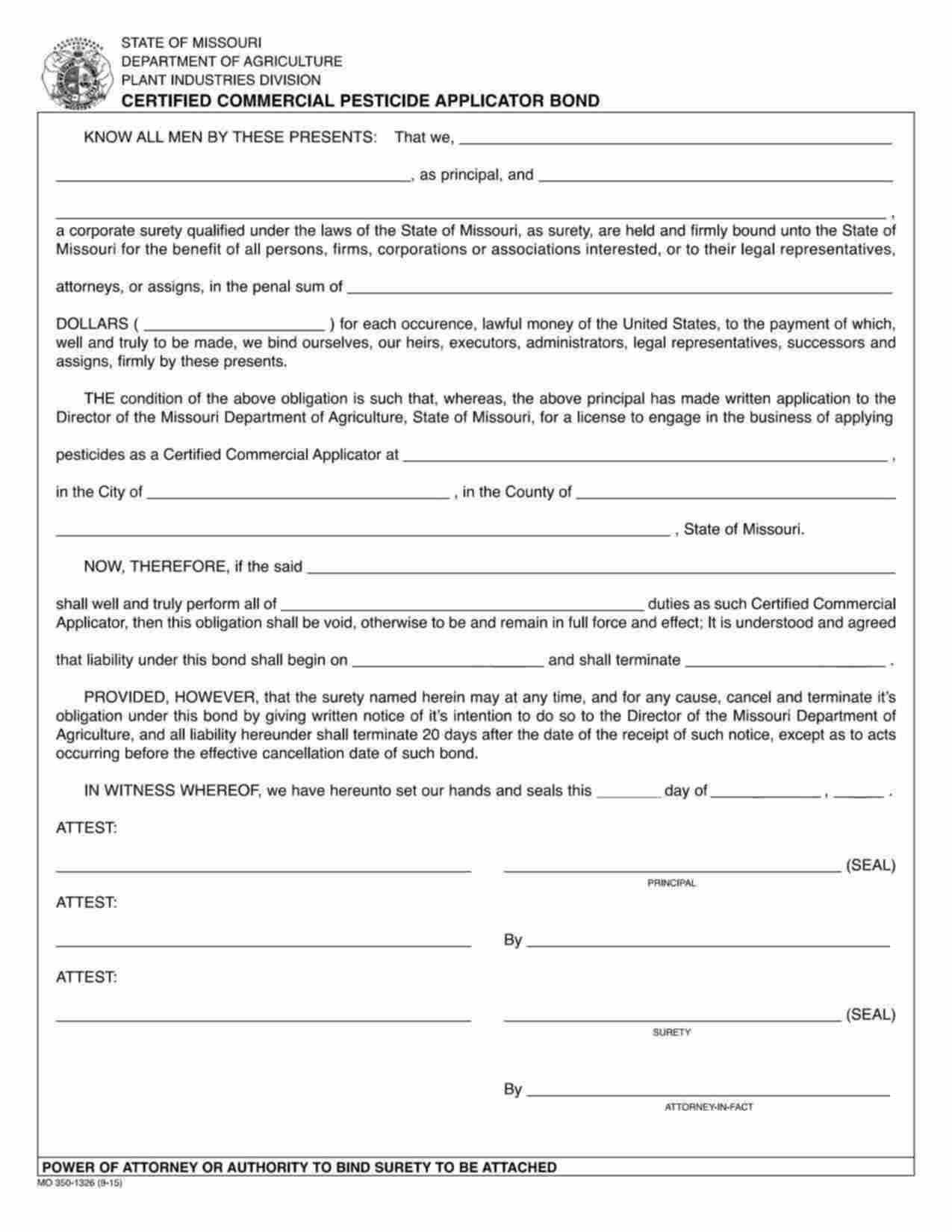 Missouri Certified Commercial Pesticide Applicator Bond Form