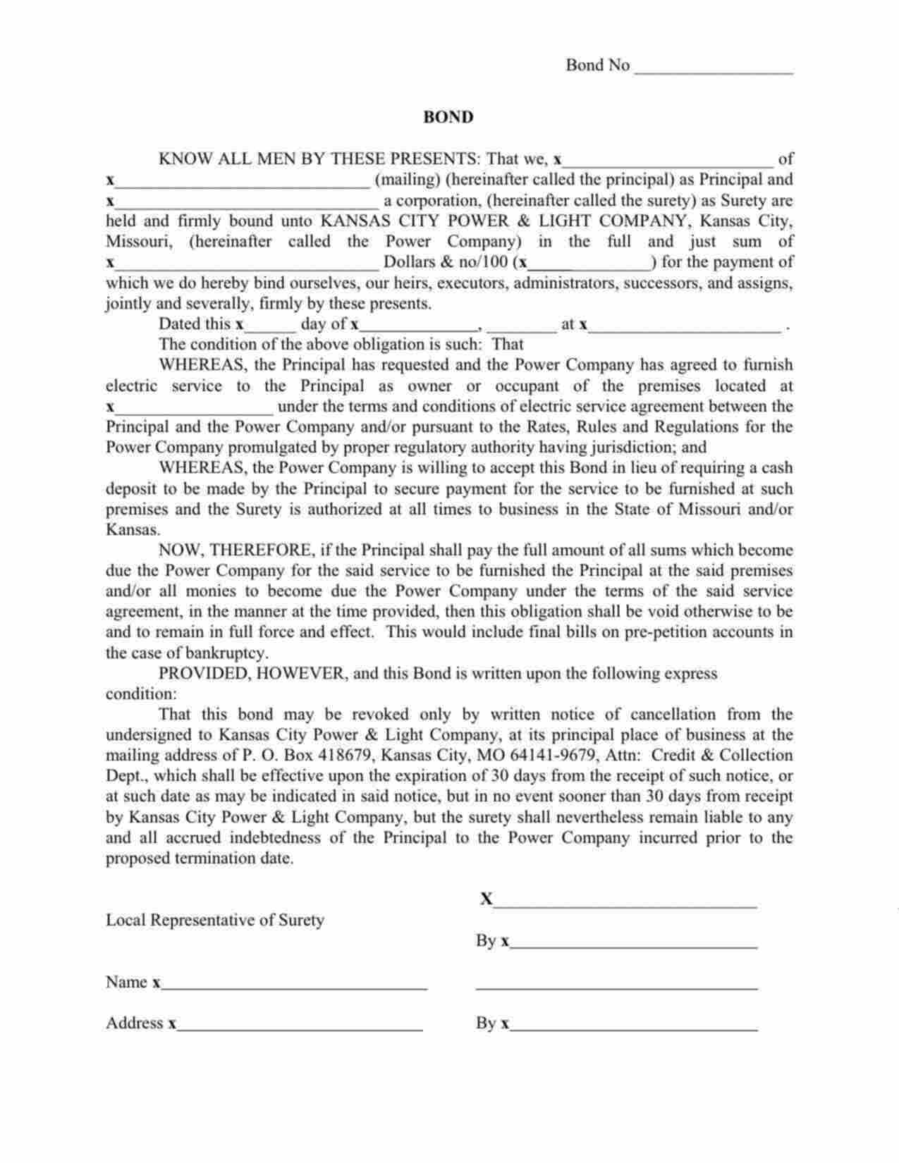 Missouri Utility Deposit Bond Form