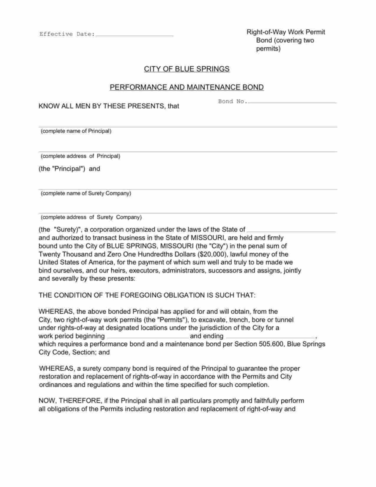 Missouri Right-of-Way Permit Performance and Maintenance Bond Form