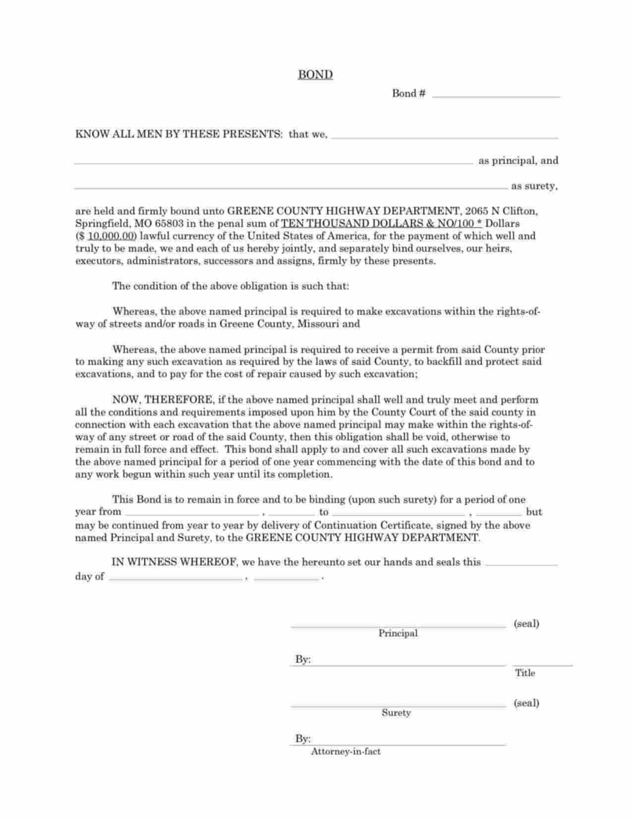 Missouri Right-of-Way Permit Bond Form