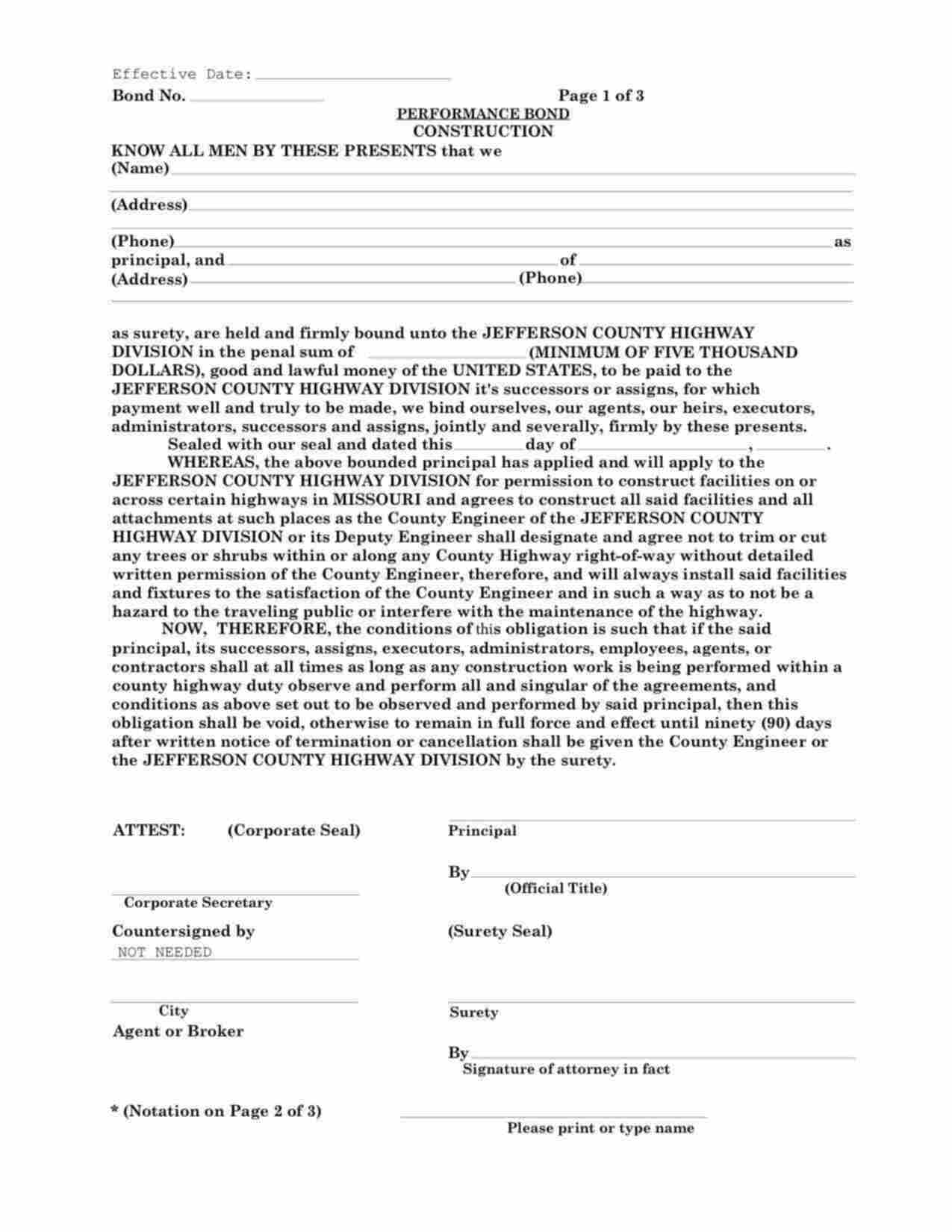 Missouri Right-of-Way Permit Performance Bond Form