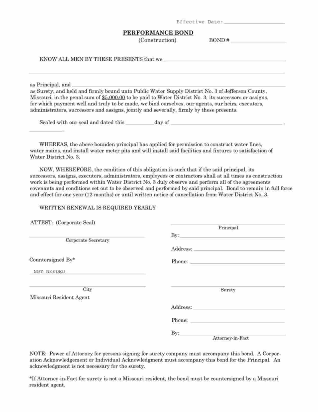 Missouri Water Line Construction Performance (Public Water Supply) Bond Form