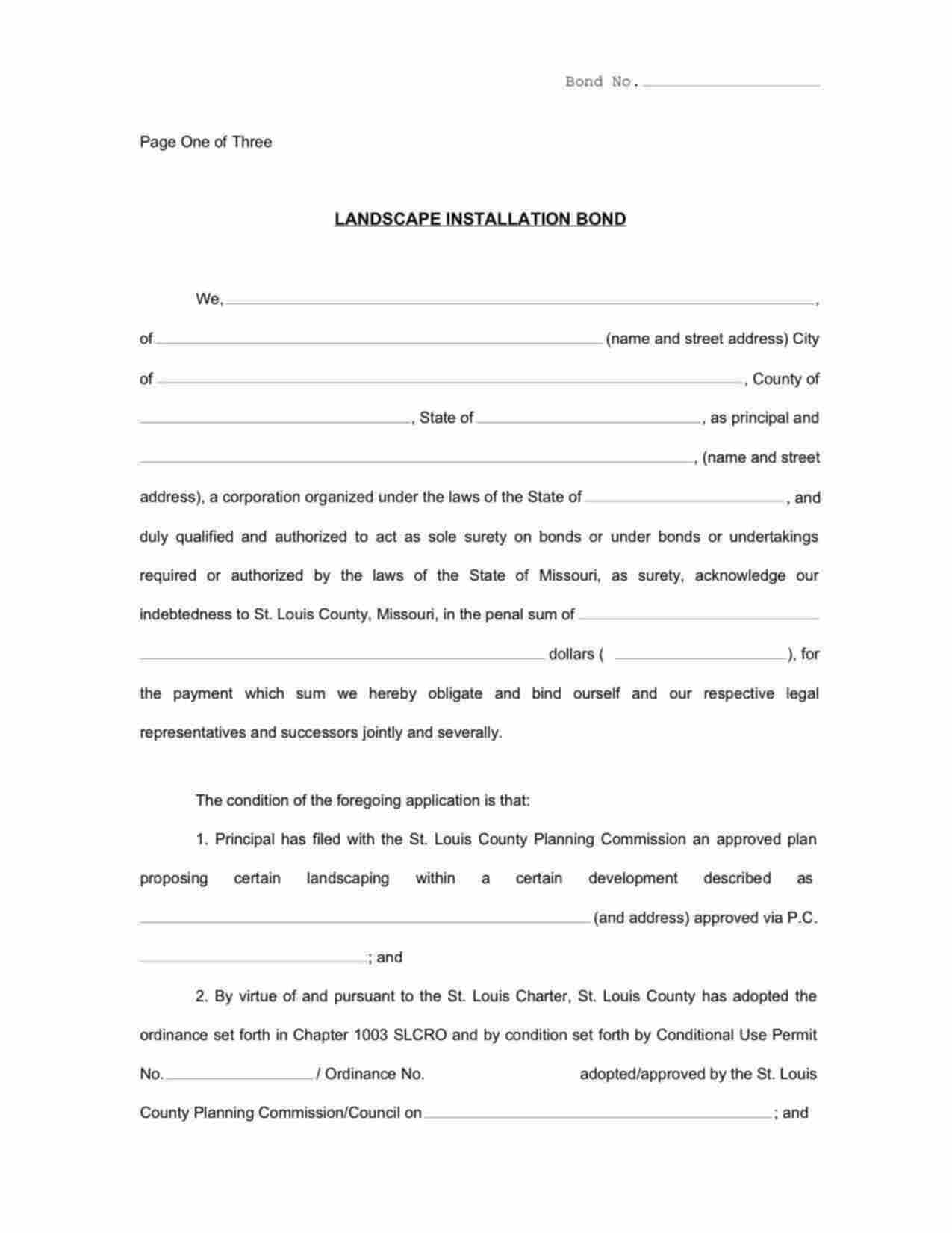 Missouri Landscape Installation Bond Form