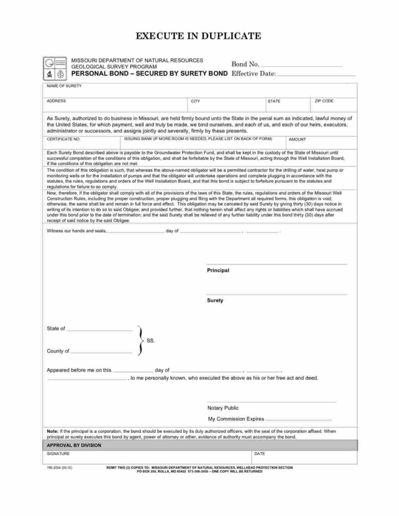 Missouri Drilling of Water, Heat Pump or Monitoring Wells Bond Form