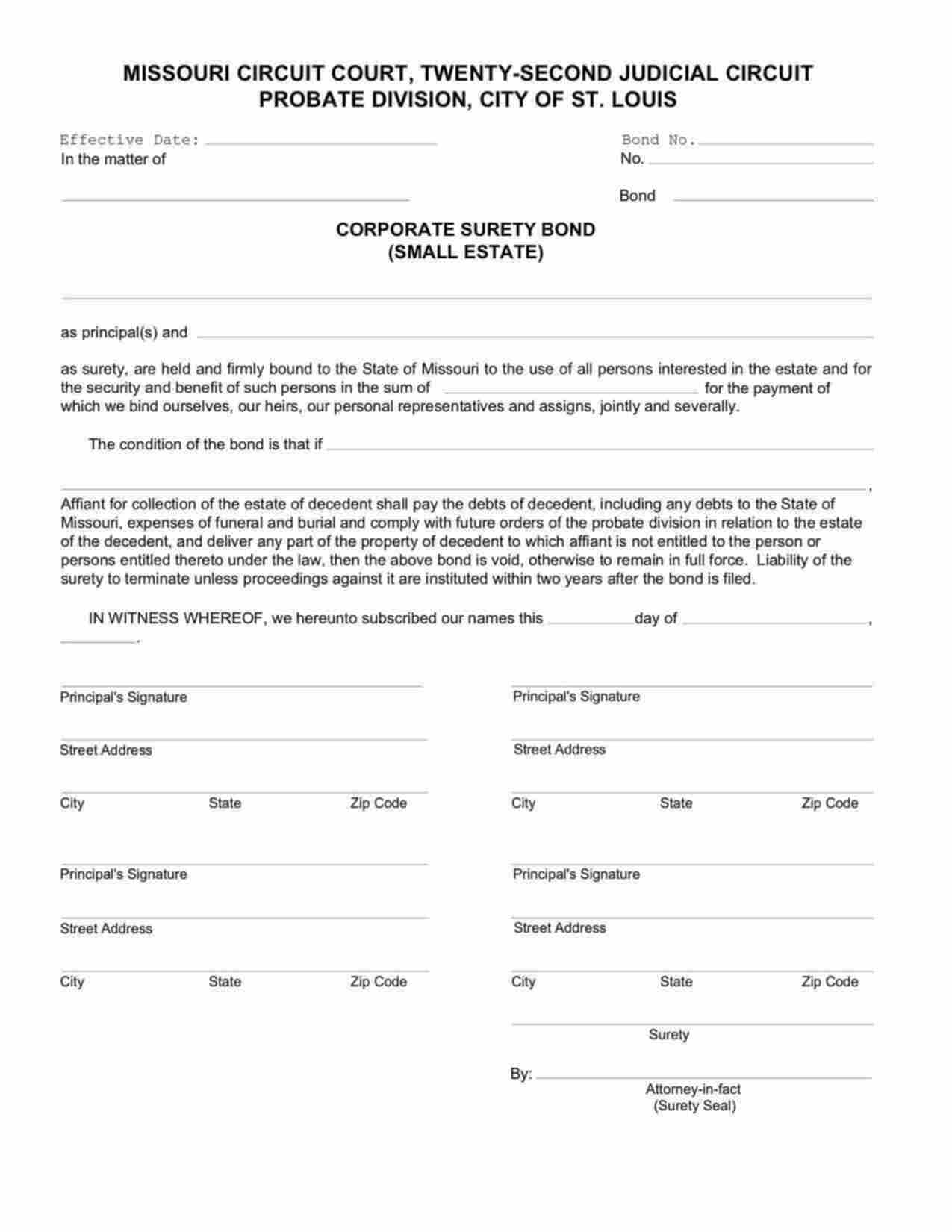 Missouri Small Estate Bond Form