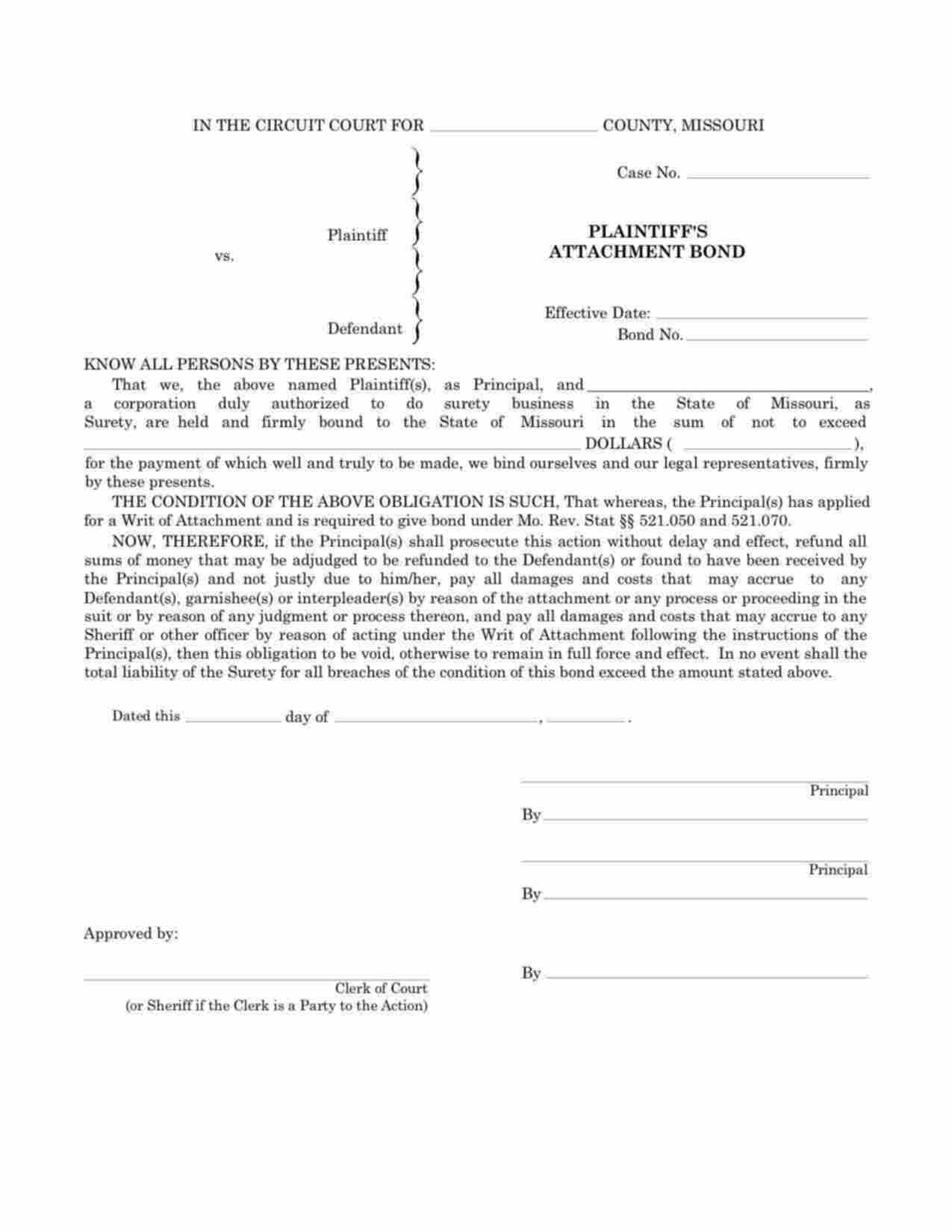 Missouri Plaintiffs Attachment Bond Form